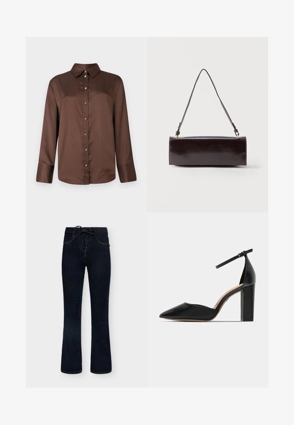 Brun langærmet skjorte med knapper foran og klassisk krave, med sølvfarvede knapper og et glat, tekstureret stof.; Mørkeblå denimjeans med let vidde og snørelukning foran, med forlommer og synlige syningsdetaljer.; Sorte læder højhælede sko med ankelrem, spids tå og firkantet chunky hæl. Glat tekstur med et minimalistisk design.; Rektangulær sort læderhåndtaske med en enkelt lang rem og blank finish, vist mod en ensfarvet hvid baggrund.