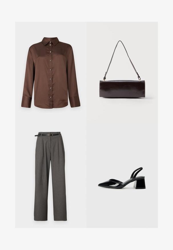 Braunes langärmeliges Hemd mit Knöpfen und klassischem Kragen, ausgestattet mit silbernen Knöpfen und einem glatten, strukturierten Stoff.; Graue Hose mit hohem Bund, Falten und Seitentaschen, kombiniert mit einem dünnen schwarzen Gürtel mit einer runden goldenen Schnalle.; Schwarze Lackleder-Slingback-High Heels mit spitzem Schuh und einem geometrischen Blockabsatz. Verfügt über ein schlankes, minimalistisches Design und eine glatte Textur.; Rechteckige schwarze Ledertasche mit einem einzelnen langen Riemen und glänzendem Finish, vor einem schlichten weißen Hintergrund präsentiert.