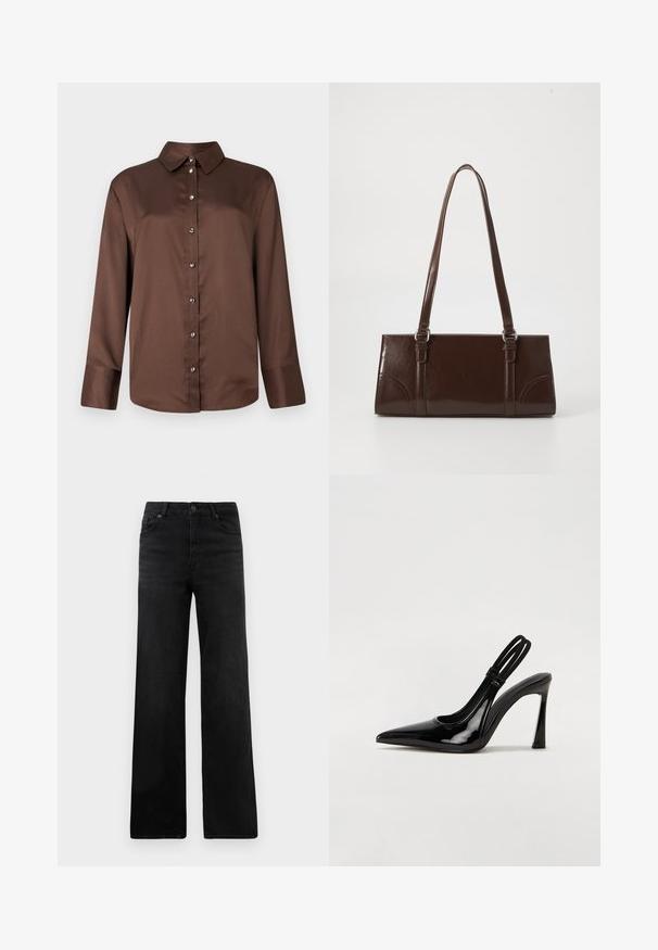 Chemise marron à manches longues avec des boutons, dotée d'un col classique, avec des boutons argentés et un tissu lisse et texturé.; Jean en denim noir à jambe large avec un design classique à cinq poches, doté d'une fermeture à bouton et d'une texture subtile. Lignes épurées et embellissements minimalistes.; Escarpin en cuir verni noir à talon aiguille, à bout pointu, avec une sangle élastique double pour un maintien sécurisé. Surface lisse et brillante.; Sac à main en cuir verni marron de forme rectangulaire, avec deux longues poignées et des accents courbés subtils à l'avant.