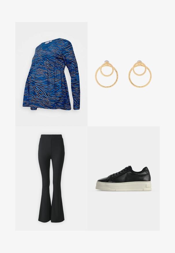 MAMALICIOUS MLCOSTA - Bluse - strong blue; Schwarze ausgestellte Hosen aus elastischem Stoff. Sie haben einen hohen Bund und ein glattes, eng anliegendes Design, das ab dem Knie nach unten ausgestellt ist.; Schwarzer Leder-Sneaker mit niedrigem Schaft, dicker weißer Plateausohle und schwarzen Schnürsenkeln auf einfachem hellem Hintergrund.; Ohrringe aus goldfarbenem Metall in Form von Creolen, die zwei miteinander verbundene Kreise mit strukturierter Oberfläche zeigen. Sie sind mit einer glatten, sicheren Befestigung entworfen.