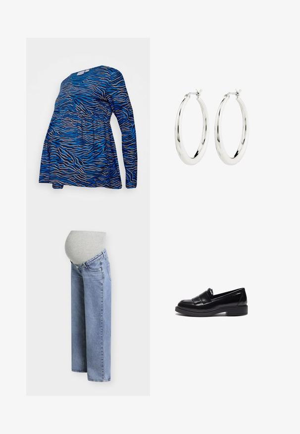 MAMALICIOUS MLCOSTA - Blúzka - strong blue; Svetlomodré tehotenské rifle s pružnou sivou látkovou časťou, ktorá zakrýva brucho pre pohodlie a podporu.; Čierne kožené poltopánky s elegantným dizajnom, okrúhlou špičkou, dekoratívnym třásňom a nízkou, textúrovanou gumovou podrážkou.; Strieborné kruhové náušnice s hladkým, lesklým povrchom. Obľúbený tvar, vybavené bezpečným zapínaním. Jednoduchý a elegantný dizajn.
