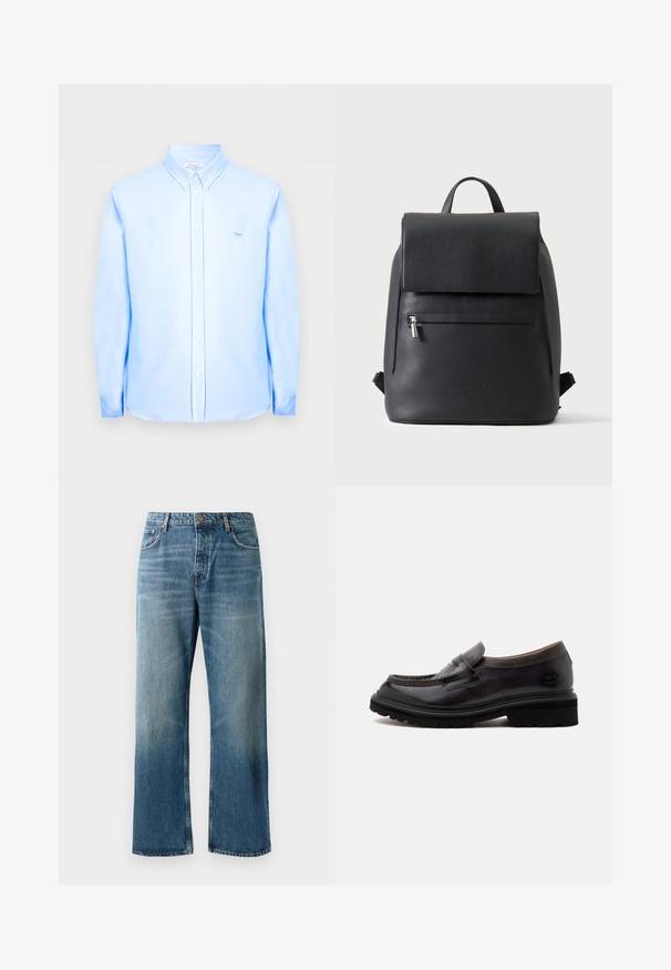 Chemise bleu clair à manches longues avec des boutons, col boutonné et petit logo de renard sur le côté gauche de la poitrine.; Jeans oversize bleu clair avec un délavage, featuring une fermeture à un bouton, cinq poches et des coutures contrastées.; Mocassin en cuir noir avec semelle épaisse en caoutchouc et col texturé, vue latérale sur fond clair uni.; Sac à dos en cuir noir avec une poche avant zippée et une fermeture à rabat supérieur, sur un fond clair uni.