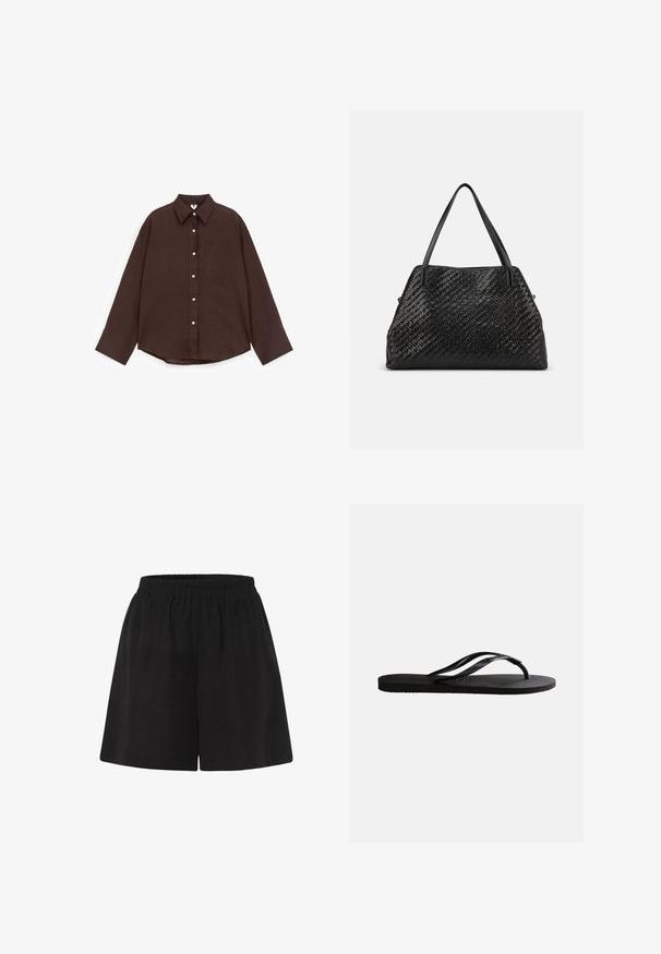 Camisa marrón oscuro de manga larga con botones, cuello puntiagudo, bolsillo en el pecho y botones blancos, extendida sobre un fondo blanco.; Pantalones cortos de algodón negros con cinturilla elástica, con un ajuste holgado y un diseño de pierna recta. Textura suave, sin patrones o acentos adicionales.; Chancla negra de goma con plantilla texturizada y finas correas en forma de Y sobre un fondo blanco liso.; Bolso de mano de cuero tejido negro con dos correas para el hombro, forma trapezoidal y cierre de cremallera sobre un fondo liso y claro.