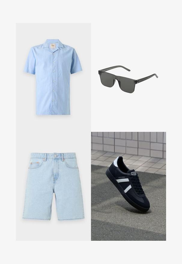 Chemise bleu clair à manches courtes avec col classique et boutons blancs, présentée à plat sur fond blanc.; Short en denim bleu clair avec poches avant, passants de ceinture, bouton en métal et fermeture éclair sur un fond blanc uni.; Sneaker en cuir noir avec des rayures blanches, semelle en caoutchouc texturée et devant à lacets. Présente une étiquette de marque sur la languette.; Lunettes de soleil grises de forme rectangulaire, fabriquées en plastique translucide. Verres foncés et branches fines avec un subtil détail de logo sur le côté.