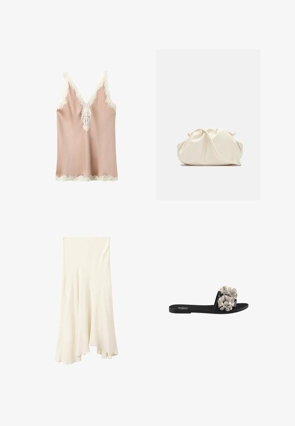 Camisola de satén rosa claro con escote en V profundo y ribete de encaje blanco en el escote, los hombros y el dobladillo.; Falda midi fluida de color crema con dobladillo asimétrico y caída suave de la tela.; Sandalia negra de plataforma con tres apliques florales texturizados en blanco en la parte superior. El diseño tiene una suela plana y punta abierta.; Bolso de mano de cuero suave de color crema con diseño fruncido y plisado y una delgada correa para el hombro que descansa delante sobre un fondo liso.