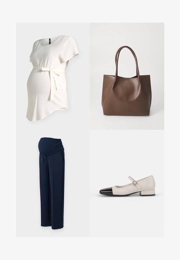 Top premamá de color crema con mangas cortas, escote redondo y un cinturón de tela bajo el busto, mostrado sobre un fondo liso.; Pantalones de maternidad de color navy, confeccionados en una tela suave, con una cinturilla elástica y cordón ajustable, y con dos bolsillos laterales para mayor comodidad.; Zapato estilo Mary Jane en cuero crema con puntera de charol negro. Presenta una punta redonda, tirante en el tobillo con una hebilla cuadrada y un tacón bajo y cuadrado.; Bolso tote de cuero marrón con dos asas largas, forma estructurada, textura suave y diseño minimalista. Sin herrajes o acentos visibles.