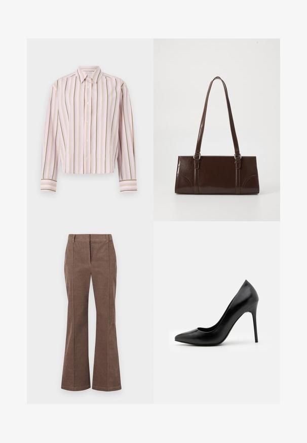 Lichtroze gestreepte shirt met verticale lijnen in groen en geel, knoopsluiting en lange mouwen met contrasterende manchetten.; Bruine corduroy rechtvallende broek met een middelste plooi en riemlussen, weergegeven op een witte achtergrond.; Zwarte leren high heel pump met een spitse neus en een gladde textuur. Kenmerkt zich door een slanke stilettohak en een laag uitgesneden vamp ontwerp.; Bruine lakleren handtas met een rechthoekige vorm, twee lange handvatten en subtiele gebogen accenten aan de voorkant.