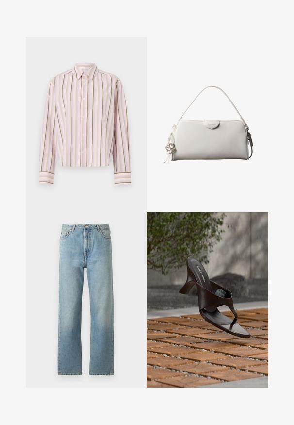 Hemd in hellrosa mit gestreiften vertikalen Linien in grün und gelb, Knopfverschluss und langen Ärmeln mit kontrastierenden Manschetten.; Hellblaue Denim-Jeans mit geradem Bein, ausgestattet mit einem Fünf-Taschen-Stil und einem Knopfverschluss am Bund.; Braune Calvin Klein Sandalette mit Absatz und Zehensteg, schwebend über einem Boden aus Holzfliesen und Kies im Freien, mit verschwommenem Grün und Stein im Hintergrund.; Weiße rechteckige Calvin Klein Handtasche mit einem einzelnen Henkel, minimalistischem Design und dekorativen Quasten mit geometrischem Metallanhänger an der Seite.