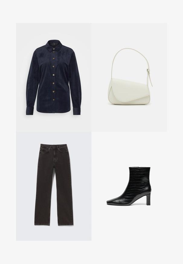 Vero Moda Tall VMNINA REGULAR - Chemisier - night sky; Jean droit noir en denim avec poches avant et arrière, fermeture par bouton et fermeture éclair, présenté à plat sur un fond clair.; Bottine noire à bout pointu, extérieure en crocodile brillant, et talon carré de hauteur moyenne. Design lisse et épuré.; Sac à main en cuir synthétique blanc avec une forme triangulaire structurée, une bandoulière unique réglable et un rabat à courbes accentuées.