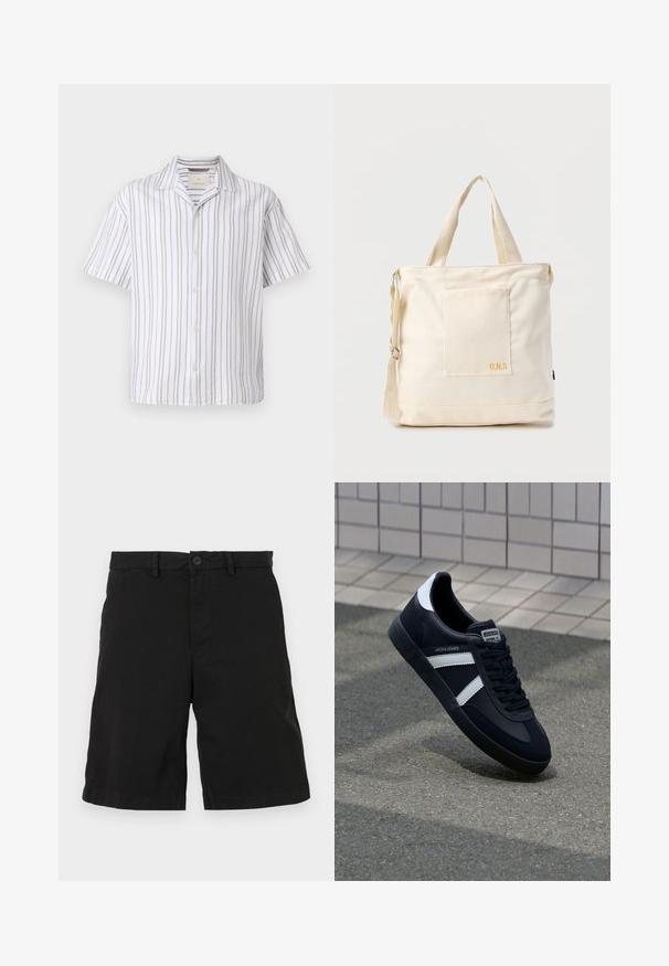 Kortærmet skjorte lavet af letvægtsstof, med lodrette hvide og beige striber, krave og knaplukning foran.; Sorte shorts lavet af bomuld med flad frontdesign, der har knaplukning og sidelommer, uden synlige mønstre eller dekorationer.; Sort lædersneaker med hvide striber, tekstureret gummisål og snørrebånd foran. Har et brandet mærke på tungen.; Kremfarvet lærredstote-taske med frontlomme, to håndtag, justerbar skulderrem og lille gul "O.N.S" tekst i nederste højre hjørne af lommen.