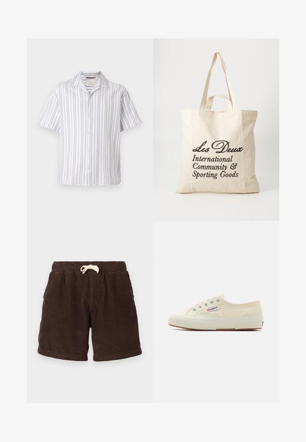 Chemise à manches courtes en tissu léger, avec des rayures verticales blanches et beiges, un col et un boutonnière sur le devant.; Shorts en velours côtelé brun avec une taille élastique, une fermeture à cordon de serrage et des poches latérales. Le tissu présente un motif côtelé vertical et une finition texturée.; Baskets en toile beige au design épuré, œillets en métal et semelle en caoutchouc. Présente un motif texturé et un détail de logo sur le côté.; Sac tote en coton beige avec deux poignées robustes. Présente un texte imprimé en noir : "Les Deux International Community & Sporting Goods."