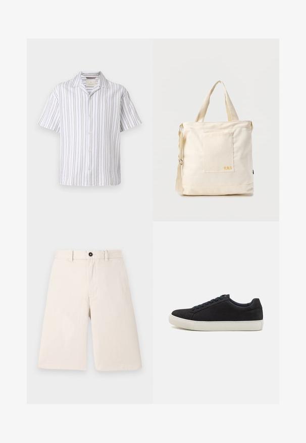 Chemise à manches courtes en tissu léger, avec des rayures verticales blanches et beiges, un col et un boutonnière sur le devant.; Shorts en coton beige au design droit, dotés d'une fermeture par bouton et de passants de ceinture. Texture lisse sans motifs ni accents.; Baskets en suede noires avec un bout rond, semelle en caoutchouc blanche, lacets bleus contrastants et texture lisse. Design minimaliste sans logo visible.; Sac fourre-tout en toile crème avec poche avant, deux poignées, bandoulière réglable et petit texte jaune "O.N.S" en bas à droite de la poche.