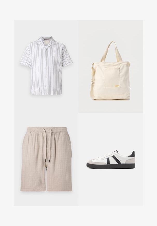 Chemise à manches courtes en tissu léger, avec des rayures verticales blanches et beiges, un col et un boutonnière sur le devant.; Shorts beige texturés avec une taille élastique et un cordon de serrage. Présentent un subtil motif en carreaux et une coupe ample. Aucune poche visible.; Baskets blanches avec des accents noirs et gris, présentant un embout texturé gris, une semelle en caoutchouc noir et des lacets plats blancs. Design épuré, style minimaliste.; Sac fourre-tout en toile crème avec poche avant, deux poignées, bandoulière réglable et petit texte jaune "O.N.S" en bas à droite de la poche.