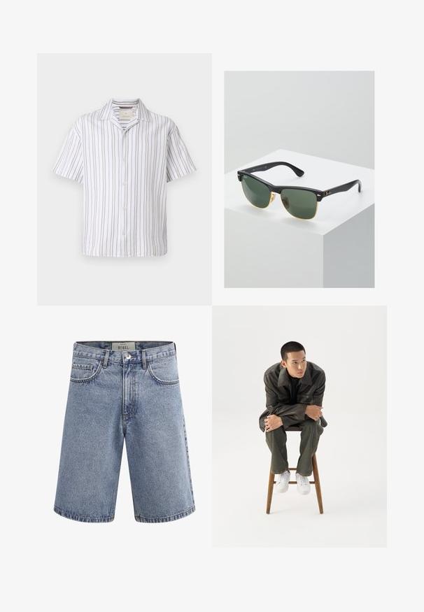 Kurzarmhemd aus leichtem Stoff, mit vertikalen weißen und beigen Streifen, einem Kragen und einer durchgehenden Knopfleiste.; Hellblaue Jeansshorts mit Fronttaschen, Gürtelschlaufen, Knopfverschluss und einem Etikett im Taillenbund mit der Aufschrift "REBEL".; Junger Mann in dunkler Lederjacke und Jeans sitzt auf einem Holzstuhl, lehnt sich mit verschränkten Armen nach vorne und schaut seitlich vor weißem Hintergrund.; Ray-Ban Sonnenbrillen mit grünen Gläsern, schwarzen Kunststoffrahmen und goldenen Akzenten an den Rändern. Quadratische Form mit matter Oberfläche.