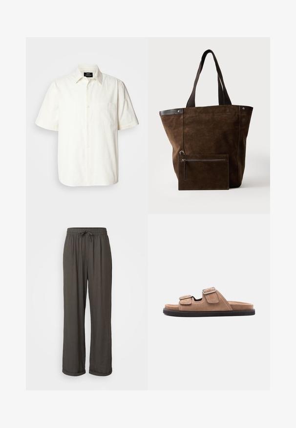 Chemise à manches courtes, boutonnée, en tissu blanc cassé avec une poche sur la poitrine gauche et un col classique. Texture lisse.; Pantalons larges gris foncé avec taille à cordon, fabriqués dans un tissu doux et texturé, présentant des ourlets retroussés aux chevilles.; Sandale à glissière en suède marron avec semelle noire, présentant deux brides ajustables avec boucles et détail de couture blanche, vue latérale sur fond blanc.; Sac cabas en daim marron foncé avec des poignées noires et une pochette rectangulaire zippée assortie fixée à l'avant.