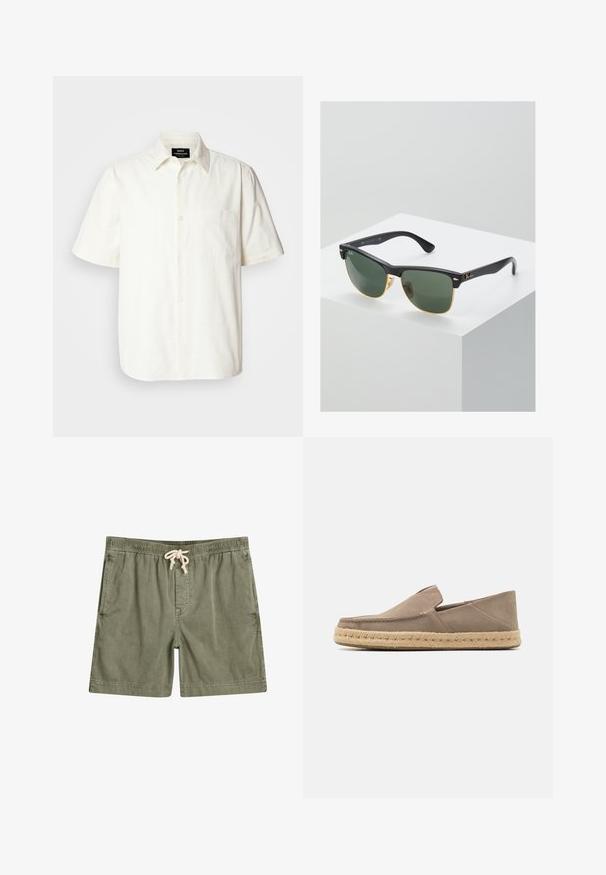 Camisa de manga corta, abotonada, en tela color blanco roto con un bolsillo en el lado izquierdo del pecho y un diseño de cuello clásico. Textura suave.; Shorts verde oliva hechos de una tela suave, con una cintura elástica y cordón, dos bolsillos laterales y un ajuste relajado.; Zapatos slip-on de ante color beige con suela de cuerda de yute, que presentan una punta redonda y un detalle de costura mínimo a lo largo del borde.; Gafas de sol Ray-Ban con lentes verdes, montura de plástico negro y acentos dorados en los bordes. Forma cuadrada con acabado mate.