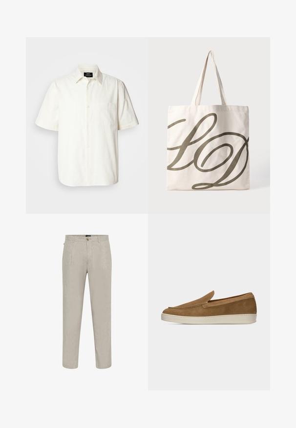 Kortærmet, knappet skjorte i off-white stof med en lomme på venstre bryst og klassisk kravedesign. Glat tekstur.; Beige linnedragtbukser med struktureret overflade, der har en lige ben-design, to frontlommer og en knaplukning ved taljen.; Lysebrun ruskinds slip-on sko med hvid gummisål, minimal syning og lavprofildesign på en ensfarvet lys baggrund.; Canvas tote bag i lys creme med et stort mørkeolivengrønt kursiv "LD" design. Har to robuste håndtag til bæring.