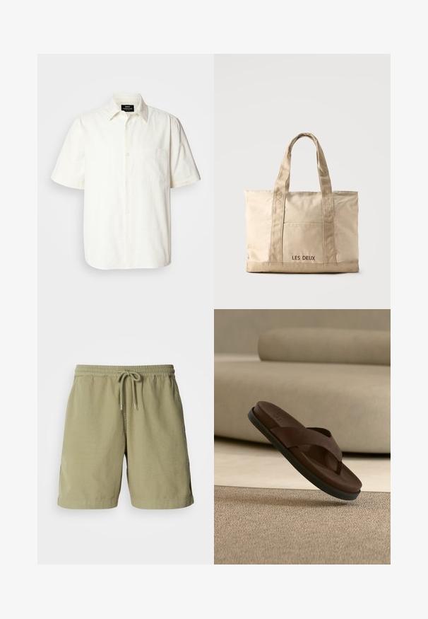 Korte mouw, overhemd met knopen in off-white stof, met een zak op de linker borst en een klassieke kraagontwerp. Soepele textuur.; Olijfgroene shorts, gemaakt van katoen, met een elastische tailleband en trekkoord, voorzien van zijzakken en een rechte snit. Soepele textuur.; Bruine leren teenslipper met zwarte zool, hangend boven een beige tapijt in een neutrale binnenruimte.; Beige canvas tas met twee handvatten en een voorvak, "LES DEUX" geborduurd op het vak.