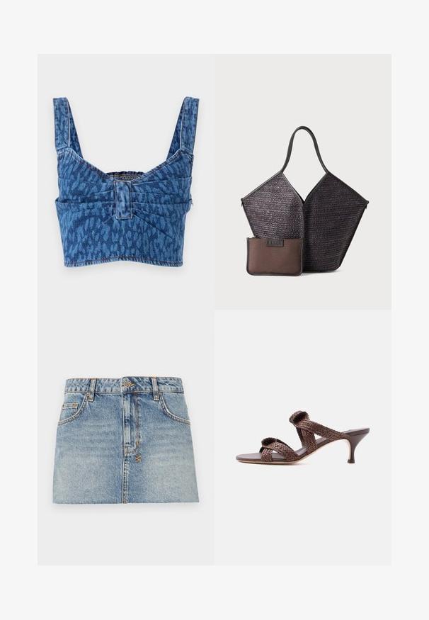 Top court en denim avec des bretelles larges, présentant un motif animal bleu, un dos froncé et des coutures apparentes le long des bords.; Jupe mini en denim bleu clair avec une taille ajustée, fermeture à boutons à l'avant et deux poches latérales. Présente des ourlets bruts et des détails de couture contrastante.; Sandale mule en cuir tressé marron avec deux brides et un petit talon bas sur fond blanc uni.; Hereu CALELLA - Cabas - dark brown
