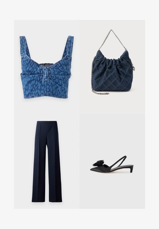 Τζιν crop top με φαρδιές τιράντες, διακοσμημένο με μπλε σχέδιο ζώου, με σούρα στην πλάτη και εκτεθειμένες ραφές κατά μήκος των άκρων.; Φαρδύ παντελόνι σε σκούρο ναυτικό ύφασμα, με λείο υφή, διακριτές πιέτες στο μπροστινό μέρος και εφαρμοστή μέση για μία κομψή σιλουέτα.; Μαύρο σατέν παπούτσι slingback με μυτερή μύτη, διακοσμημένο με υφασμάτινη λουλουδένια λεπτομέρεια και χαμηλό, μικρό τακούνι.; Τσάντα χειρός από σκουρό μπλε καπιτονέ ύφασμα με ρυτιδωτό επάνω μέρος και ασημένια αλυσίδα λουράκι στον ώμο, σε απλό φόντο.