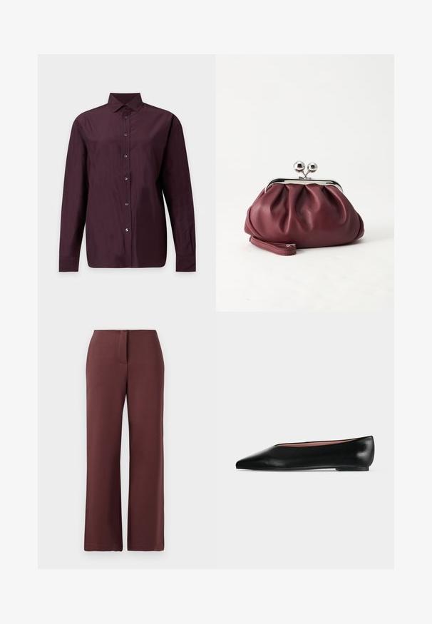 Chemise boutonnée à manches longues de couleur violet foncé avec col et manches à poignets, sur un fond clair uni.; Pantalons larges bourgogne en tissu lisse, dotés d'une fermeture éclair, d'un ajustement sur mesure et de lignes épurées pour un aspect structuré.; Chaussure plate en cuir noir pour femme, avec bout pointu et petit talon, vue de côté sur un fond gris clair uni.; Petit sac pochette en cuir bordeaux avec fermoir métallique argenté et bracelet sur fond blanc.