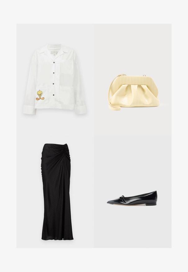Chemise blanche à boutons avec une poche poitrine et deux poches avant. Dotée d'un oiseau cartoon imprimé sur la poche inférieure. Texture lisse.; Jupe midi noire en tissu doux avec un design drapé, des pois texturés et des fronces à la taille.; Chaussure plate en cuir verni noir avec un bout pointu, une petite lanière décorative et un petit talon carré. Texture lisse et design épuré.; Pochette en cuir couleur crème avec un cadre supérieur structuré et une lanière pour poignet, présentée sur un fond clair uni.