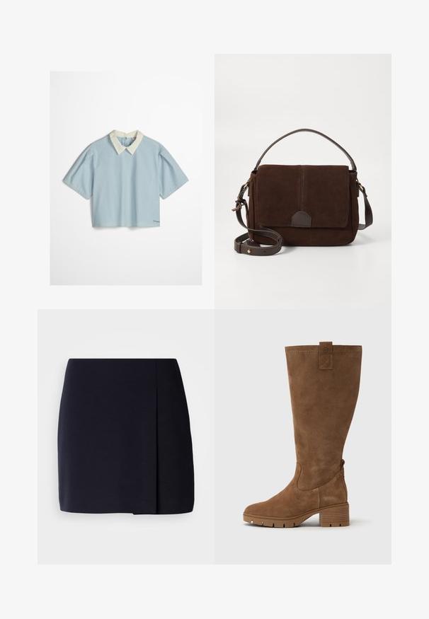 Blouse à manches courtes à rayures verticales bleu clair et blanc avec un col pointu blanc et des fentes latérales sur un fond uni.; Une mini-jupe noire à silhouette droite, fabriquée en tissu doux, avec un pli latéral pour un détail supplémentaire et un ourlet net.; Tamaris Bottes - brown; Sac messager en daim marron avec un rabat plat à l'avant, des accents en cuir marron, une bandoulière ajustable et un design minimaliste.