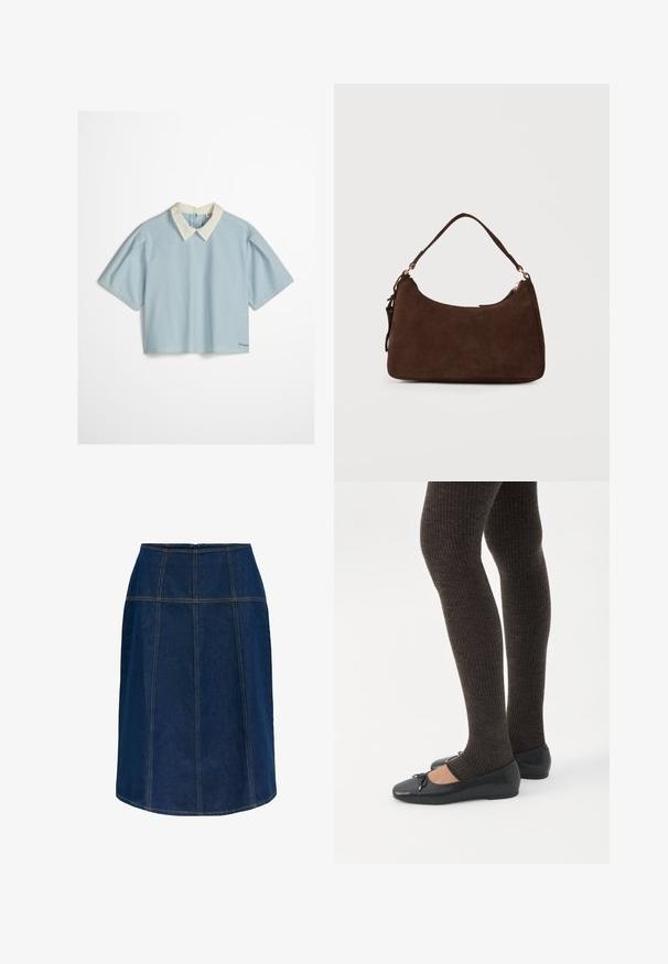 Blouse à manches courtes à rayures verticales bleu clair et blanc avec un col pointu blanc et des fentes latérales sur un fond uni.; Jupe en jean bleu foncé longueur genou avec des détails de coutures verticales et horizontales, avec des surpiqûres contrastantes orange et une silhouette en A.; Jambes portant des leggings côtelés foncés associés à des ballerines noires avec de petits détails en nœud sur fond blanc.; Sac à bandoulière en daim marron avec une seule sangle et une fermeture éclair sur un fond clair uni.