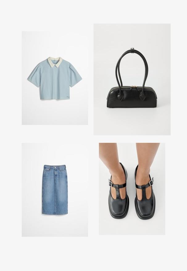 Blouse à manches courtes à rayures verticales bleu clair et blanc avec un col pointu blanc et des fentes latérales sur un fond uni.; Jupe en denim bleu clair avec boutons à l'avant et passants pour ceinture, portée avec un pull texturé foncé.; Chaussures en cuir noir avec un design à bride en T, bout fermé et accents de boucles argentées. Texture lisse avec un bout arrondi et une semelle plate.; Sac à main en cuir noir avec deux anses allongées, fermeture éclair et forme arrondie ; texture lisse avec une finition légèrement brillante.
