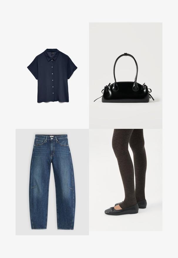 Chemise à manches courtes bleu marine avec col et sept boutons blancs sur le devant.; Jean en denim bleu foncé avec une coupe droite, dotés de poches avant, de surpiqûres contrastées et d'une texture légèrement délavée sur les jambes.; Jambes portant des leggings côtelés foncés associés à des ballerines noires avec de petits détails en nœud sur fond blanc.; Petit sac à main noir brillant avec deux longues anses et des détails à cordon sur les côtés sur un fond clair uni.