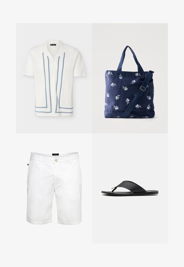 Polo en maille blanc à manches courtes avec un motif ajouré et des rayures bleues verticales et horizontales à l'avant.; Shorts en coton blanc avec une coupe droite, dotés d'une fermeture à bouton à l'avant et de poches standard, texture lisse et design épuré.; Stuart Weitzman BASTIAN - Sandales tongs - black; Sac fourre-tout en tissu bleu marine avec broderie florale blanche, deux poignées et une bandoulière ajustable sur un fond uni.