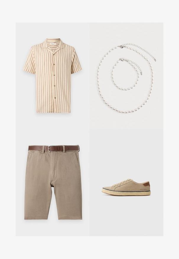 Chemise beige à manches courtes avec rayures verticales marron, devant boutonné et col ouvert.; Shorts en coton beige à coupe droite, dotés d'une ceinture en cuir marron et de poches latérales, avec une texture lisse et des ourlets soigneusement finis.; Baskets en toile beige avec un bout arrondi, semelle en jute, accent en cuir marron au talon et couture ton sur ton sur le côté.; Collier de perles et bracelet assorti avec fermoirs en chaîne argentée disposés sur un fond blanc.