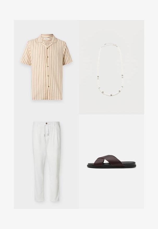 Short-sleeve beige shirt with vertical brown stripes, button-down front, and open collar.; White tailored pants with front pleats, a brown button, and a drawstring waist, displayed on a plain background.; Brown, cross-strap slide sandal featuring a matte finish, flat black sole, and smooth texture. Minimalist design with no visible hardware.; White pearl necklace with silver rhinestone spacers and a silver chain clasp, displayed against a plain light background.
