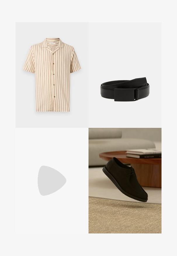 Chemise beige à manches courtes avec rayures verticales marron, devant boutonné et col ouvert.; Shorts en coton beige avec ceinture élastique, fermeture par bouton et détail de couture à l’avant sur fond blanc.; Chaussure noire en cuir à lacets flottant au-dessus d'un tapis beige texturé, avec une table ronde en bois et des livres empilés en arrière-plan en léger flou.; Ceinture en cuir noir avec une texture lisse, dotée d'une boucle rectangulaire noire mate et d'un design classique et minimaliste.