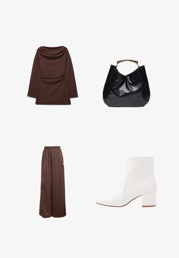 Haut à manches longues brun foncé texturé avec un large col bateau et une taille légèrement froncée sur fond blanc.; adidas Originals Pantalon de survêtement - auburn cream white; Bottes blanches à chevilles avec une finition lisse, un bout carré et un talon bloc de hauteur intermédiaire. Les détails de couture accentuent le design minimaliste.; Sac à main en cuir noir brillant avec une poignée incurvée en métal doré, corps souple et décontracté, et design simple et épuré.