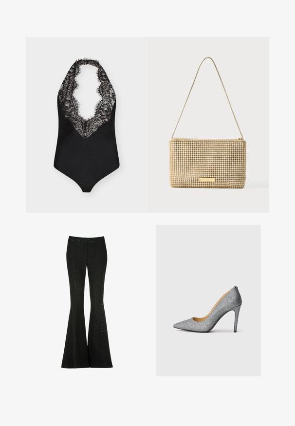 Sort halterneck bodystocking med dyb V-udskæring og blondekant med blomsterformet mønster på fronten mod en hvid baggrund.; Sorte flagrende bukser lavet af struktureret stof, med et glitrende mønster, en tætsiddende talje og flagrende ben, der strækker sig fra knæet.; Sølvglitrende højhælede pumpe med spids tå og en slank silhuet, der har en glat indersåle og en slidstærk sort ydersål.; Guldfarvet clutchtaske med rektangulært design, dækket af skinnende, sølvfarvede rhinsten. Har en tynd metallisk skulderrem og lynlåslukning.