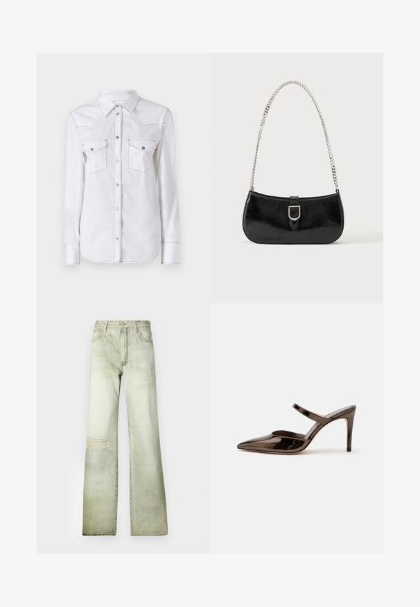 Weißes Langarmhemd mit spitzem Kragen, zwei Brusttaschen, kontrastierenden Nähten und abgerundetem Saum. Mit Metallknöpfen.; Ausgebleichte grüne Jeans mit hoher Taille, weitem Bein und abgewetzten Patches. Mit Knopfverschluss und fünf Taschen ausgestattet.; Glänzender dunkelbrauner Mule mit spitzer Spitze und hohem Absatz mit schmalem Riemen über dem Spann vor weißem, einfachem Hintergrund.; Schwarze Schultertasche aus Lackleder mit silberner Schnalle und silbernem Kettenriemen, auf hellem einfarbigen Hintergrund präsentiert.