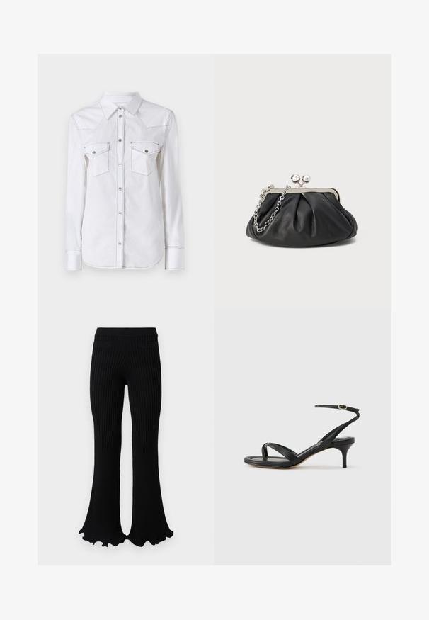 Weißes Langarmhemd mit spitzem Kragen, zwei Brusttaschen, kontrastierenden Nähten und abgerundetem Saum. Mit Metallknöpfen.; Rabanne Stoffhose - black; Schwarze Ledersandale für Damen mit dünnen Riemchen, einer Zehenlasche, einer Knöchelschnalle und einem mittelhohen Stöckelabsatz vor neutralem Hintergrund.; Schwarze Leder-Clutch mit geraffter Textur, silberfarbener Metallrahmen, Druckverschluss und Kettenriemen. Glatte, weiche Oberfläche.