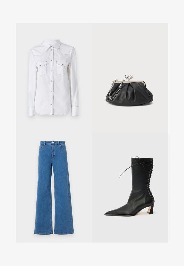 Weißes Langarmhemd mit spitzem Kragen, zwei Brusttaschen, kontrastierenden Nähten und abgerundetem Saum. Mit Metallknöpfen.; Hellblaue Denim-Jeans mit weitem Bein und hohem Taillenschnitt, Fronttaschen und einem Knopfverschluss. Der Stoff hat eine glatte Textur und ein klassisches Nähmuster.; Schwarzer Leder-Stiefelette mit spitzer Zehenpartie, schlankem Absatz, Schnürdetail an der Rückseite und Metallösen. Glatte Textur mit elegantem Design.; Schwarze Leder-Clutch mit geraffter Textur, silberfarbener Metallrahmen, Druckverschluss und Kettenriemen. Glatte, weiche Oberfläche.