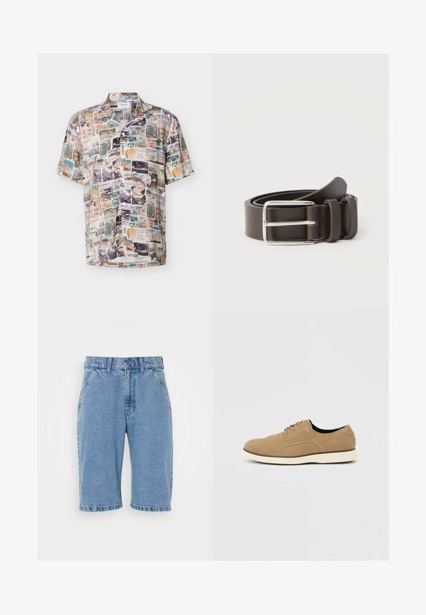 Kortærmet skjorte med knapper og farverige vintage postkorttryk, der viser strande, vartegn og bybilleder fra forskellige steder.; Denimshorts i lys blå, med et klassisk fem-lomme design, knap- og lynlåslukning, rå kant og falmet tekstur.; Lys brun ruskindssko med snørebånd, hvid sål og lav ankelhøjde vist i sideprofil på neutral baggrund.; Brunt læderbælte med spænde i sølvmetal, der har en glat tekstur og et enkelt design. Inkluderer en løkke til justering og fastgørelse.