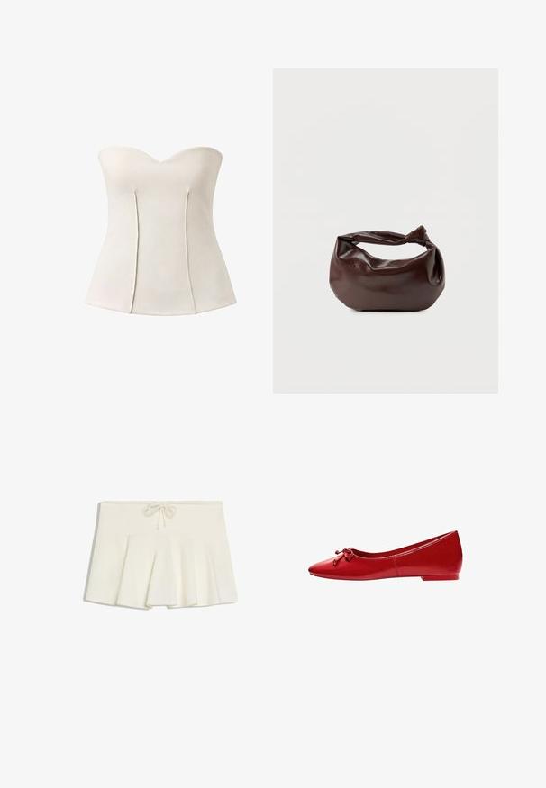 Haut corset blanc sans bretelles avec coutures structurées et légère évasement à la taille, conçu pour une silhouette ajustée.; Mini-jupe plissée blanche avec une taille à cordon et un tissu doux et structuré, posée à plat sur un fond blanc.; Ballerine plate en cuir verni rouge avec un petit nœud sur le dessus et un petit talon, vue de côté sur un fond blanc.; Sac bandoulière en cuir marron foncé avec une forme souple et décontractée et une anse nouée torsadée sur un fond blanc uni.