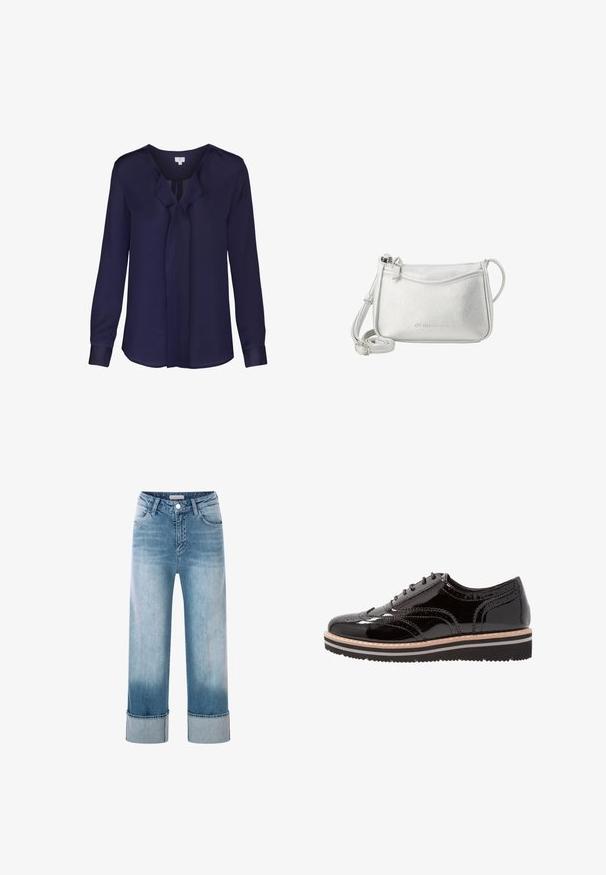 Marineblaue, langärmelige Damenbluse mit V-Ausschnitt und einem dezenten Rüschendetail entlang der Vorderseite.; Helle blaue Jeans aus Denim mit hoher Taille, weitem Bein und umgeschlagenen Säumen. Besitzt ein klassisches Fünf-Taschen-Design und Details aus Kupfer.; Schwarze Lackleder-Schnürschuhe mit Brogue-Details, einer abgerundeten Spitze und einer geschichteten schwarz-weißen strukturierten Sohle.; Kleine silberne, strukturierte Leder-Crossbody-Tasche mit verstellbarem Riemen und dezent eingeprägtem Markennamen auf der Vorderseite.