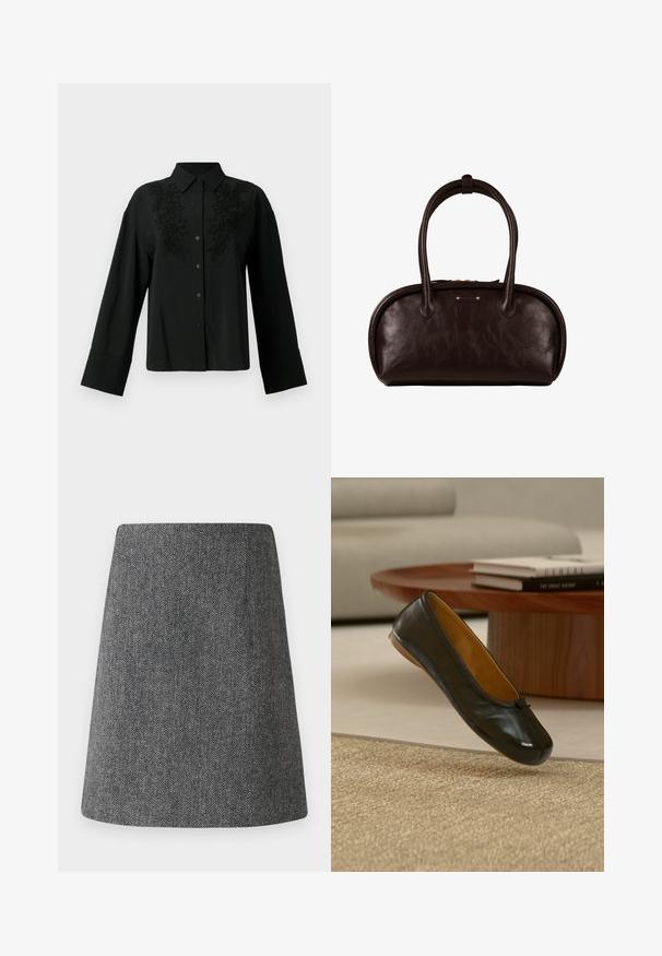 CLOSED Chemisier - black; Jupe en chevrons gris avec une forme évasée en A, fabriquée à partir d'un tissu texturé. Présente une taille épurée sans quincaillerie ni accents visibles.; Chaussure ballerine plate en cuir noir avec petit détail nœud, flottant au-dessus d'un tapis beige tissé dans un salon avec une table basse en bois et des livres.; Sac à main en cuir marron foncé avec des bords supérieurs arrondis, deux longues poignées et une petite plaque logo rectangulaire à l'avant.