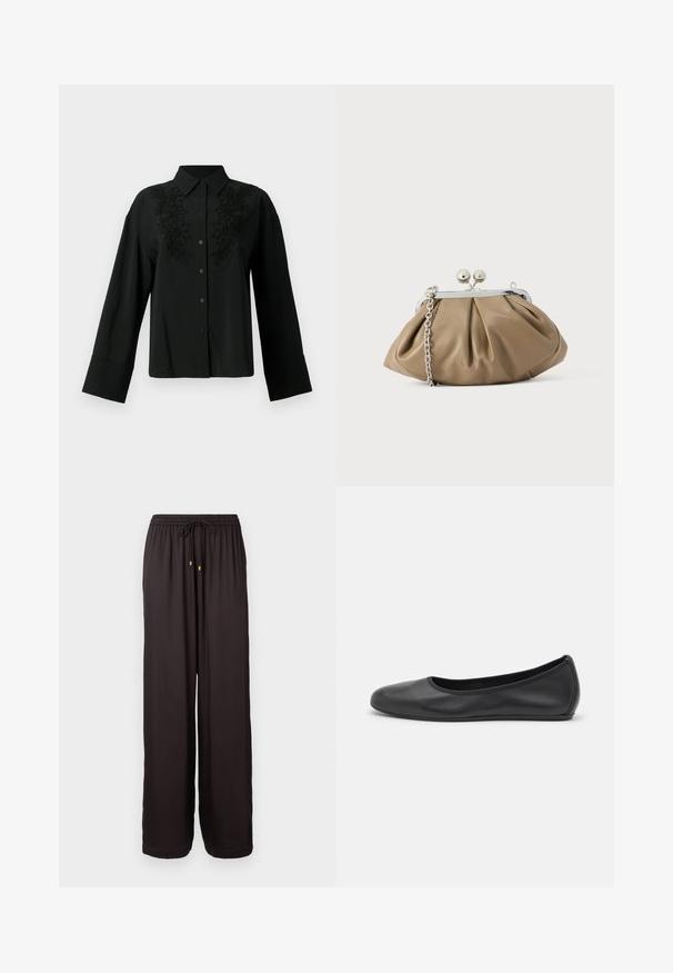 CLOSED Blusa - black; Pantalones negros holgados con cintura elástica y cordón con puntas en tono dorado, de largo completo y corte recto.; Bailarina de piel negra con punta redondeada, textura suave, detalle de costura minimalista y diseño de suela flexible.; Clutch de cuero en beige suave con forma redondeada, textura plisada, cierre de broche plateado y una correa de cadena desmontable.