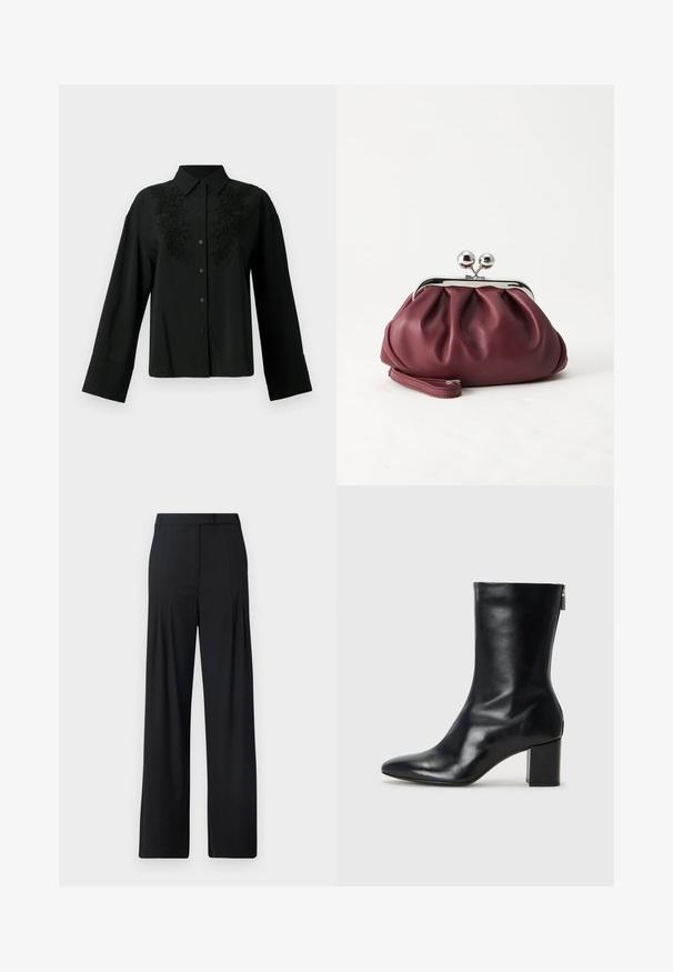 CLOSED Chemisier - black; Pantalons larges noirs avec un devant plat, des plis et une taille ajustée. Fabriqués en tissu lisse et léger.; Bottine en cuir noir avec un bout pointu et un talon carré de 4 cm. Design élégant avec une fermeture éclair sur le côté pour un enfilage facile. Texture lisse.; Petit sac pochette en cuir bordeaux avec fermoir métallique argenté et bracelet sur fond blanc.