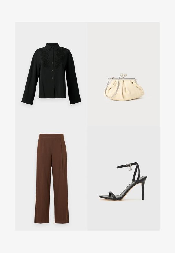 CLOSED Chemisier - black; Pantalon marron à jambes larges avec une texture lisse, présentant un devant plat et des plis. La taille est élastiquée pour le confort et l'ajustement.; Sandale à talon haut noire avec une bride étroite à la cheville, bout carré, cuir lisse et accent de boucle métallique.; Pochette en cuir beige plissé avec un cadre en métal argenté, dotée de deux fermoirs ronds décoratifs et d'une chaîne en argent.