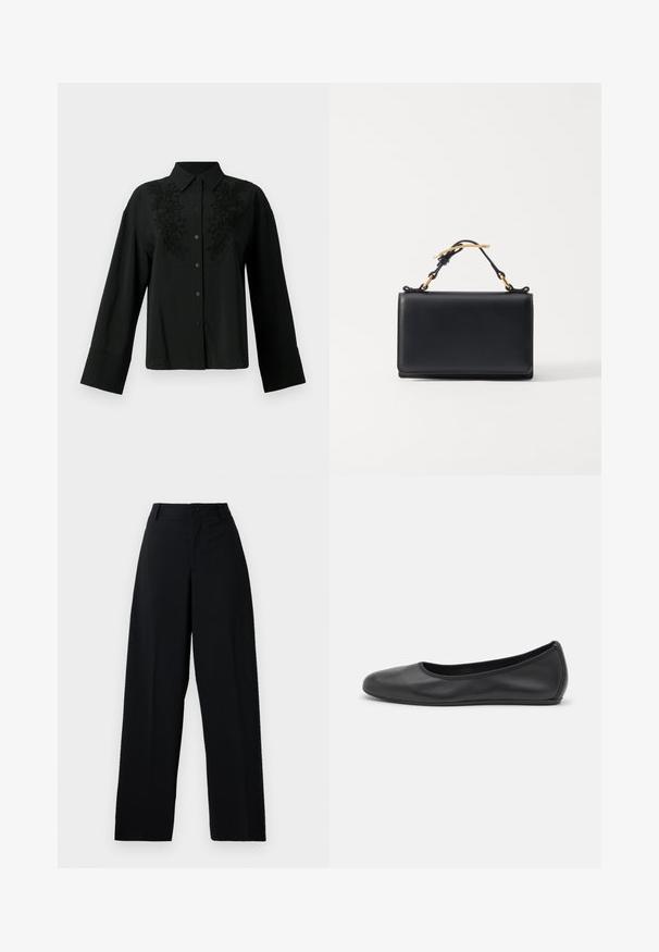 CLOSED Hemdbluse - black; Schwarze hochtaillierte weite Hose mit Knopf- und Reißverschluss, Gürtelschlaufen und einem klaren, glatten Stofffinish.; Schwarze Leder-Ballettschuhe mit abgerundeter Spitze, glatter Textur, minimalen Nähdetails und einem flexiblen Sohlen-Design.; Schwarze Lederhandtasche mit rechteckiger Form, ausgestattet mit einem oberen Griff und goldfarbenen Hardware-Akzenten. Glatte Textur, minimalistisches Design.
