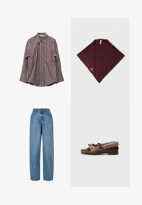 Bruine blouse met knopen, verticale lichtblauwe en witte strepen, lange mouwen, borztzak en puntige kraag.; Lichtblauwe denim jeans met een recht gesneden design, voorzien van een knoopsluiting, vijf zakken en subtiele vervagingen door de stof.; Bruine leren moccasin schoen met nepbont voering, platte hak en een decoratieve strikdetail aan de voorkant. Gladde en gestructureerde oppervlakken.; Donker bordeaux gebreide sjaal met een puntige vorm en een klein geborduurd wit monogram nabij een van de hoeken.