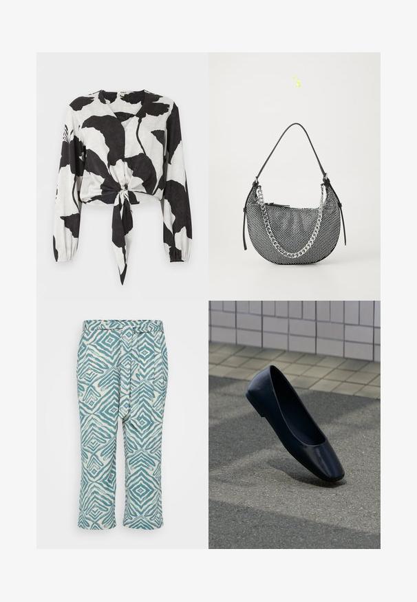 Sort-hvid langærmet crop-bluse med stort blomstermønster, knapper foran, V-hals og frontknyttet sløjfe.; Lette cropped bukser med et geometrisk blåt og hvidt mønster, med en bundet talje og glat tekstur.; Sort læder flad sko, stående opret på en asfaltbelægning nær en flisebelagt fortovskant.; Sort mesh håndtaske i halvmåneform, med en sølv kædestropp og sorte læderdetaljer. Struktureret overflade med lynlåslukning.