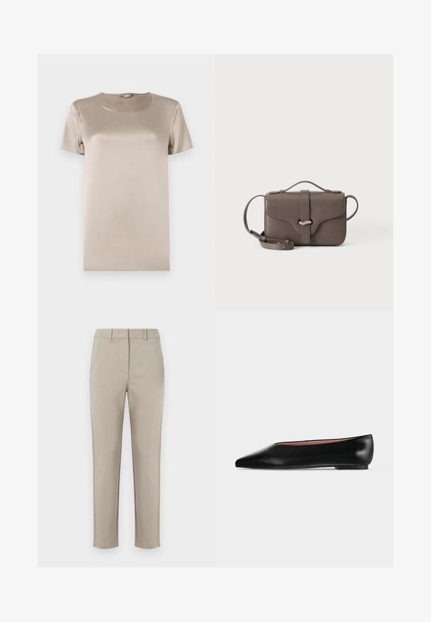 Beige kortærmet T-shirt lavet af glat satin stof med rund halsudskæring og minimalistisk design uden dekorationer.; MM by MaxMara EFFETTO - Bukser - sand; Sort damesko i læder med flad hæl og spids tå, vist fra siden på en ensfarvet lys grå baggrund.; Brun læder crossbody taske med top håndtag, front klap og sølv spænde, vist mod en hvid baggrund.